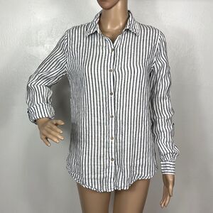 Tahari Linen Striped White And Gray Casual Button Down Shirt Size S